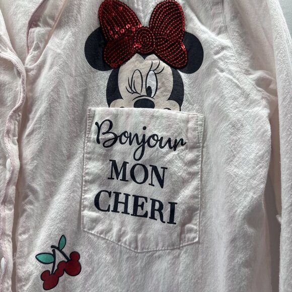 Disney Minnie Mouse Sequin Night Shirt S Red White Cherries Roll Tab Long Sleeve - Picture 3 of 10